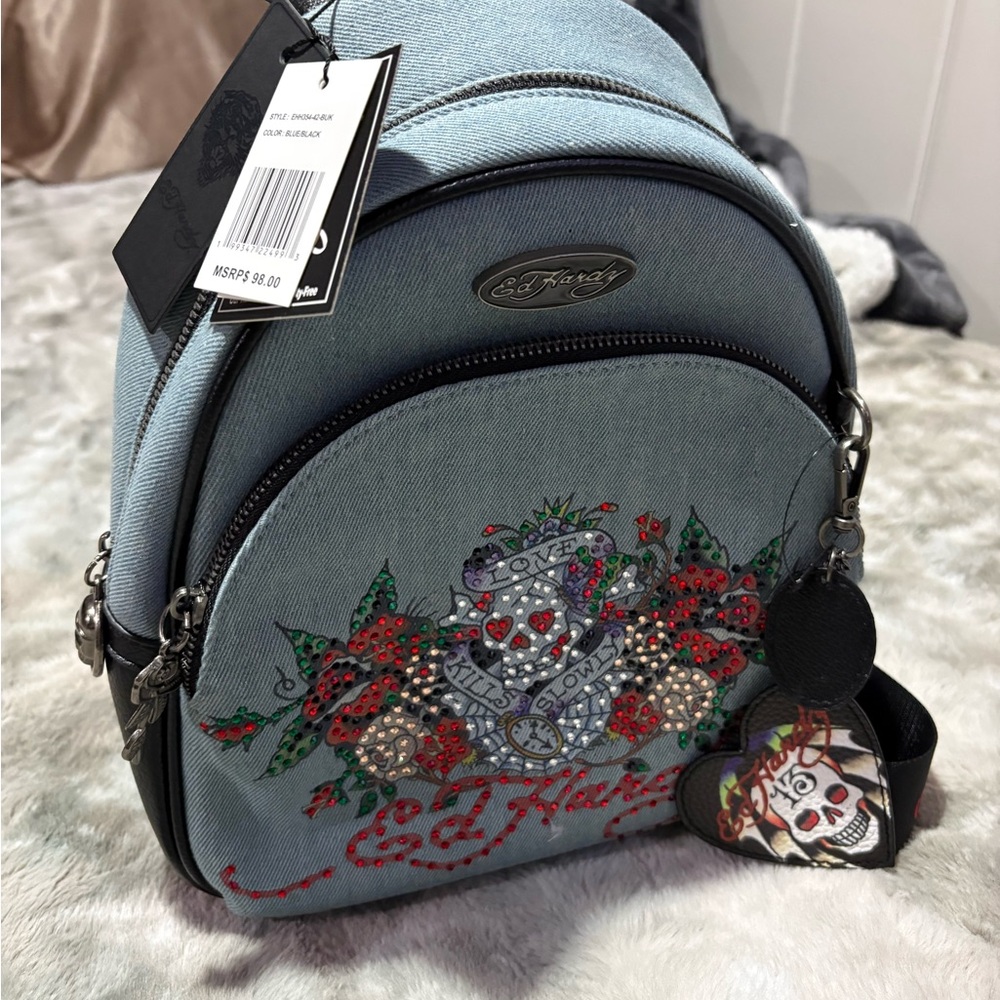 Ed Hardy Gray Backpack with Floral Embroidery